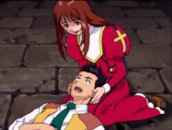 Rule 34 | 1boy, 1girl, black eyes, breasts, brown eyes, brown hair, constricted pupils, erica fontaine, feet, game cg, lap pillow, legs, long hair, necktie, nun, oogami ichirou, open mouth, pointy hair, purple hair, sakura taisen, sega, shaded face, shoes, sitting, small breasts, smile, surprised, thighs, wide-eyed