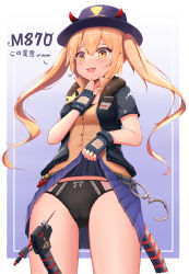 Rule 34 | 1girl, belt, black panties, blonde hair, character name, clothes lift, cuffs, fingerless gloves, girls&#039; frontline, gloves, handcuffs, hat, highres, jacket, lifted by self, looking at viewer, m870 (girls&#039; frontline), maxdeng, mechanical tail, panties, sheriff badge, skirt, skirt lift, solo, tail, thighs, twintails, underwear
