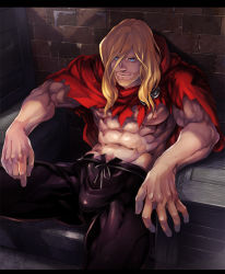 Rule 34 | 1boy, animification, beard, blonde hair, blue eyes, cape, facial hair, male focus, manly, marvel, muscular, nikumeron, sitting, solo, thor (marvel), topless male
