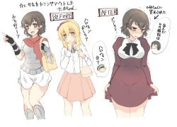 Rule 34 | 10s, 2girls, abenattou, blonde hair, blush, breasts, brown hair, caesar (girls und panzer), carpaccio (girls und panzer), girls und panzer, long hair, medium breasts, multiple girls, open mouth, short hair, simple background, skirt, smile, translation request, white background