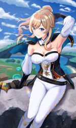 Rule 34 | 1girl, arm up, armpits, black gloves, blonde hair, blue capelet, blue eyes, blue sky, box, breasts, capelet, cleavage, closed mouth, cloud, coattails, commentary request, genshin impact, gloves, grass, high ponytail, highres, jean (genshin impact), lake, may9, medium breasts, multicolored capelet, pants, ponytail, rock, scenery, sheath, sidelocks, sitting, sky, solo, tight clothes, tight pants, water, white pants