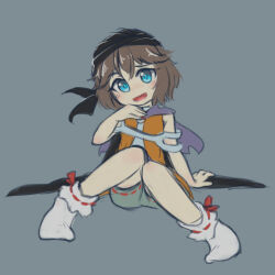 Rule 34 | 1other, androgynous, black headwear, blue eyes, brown hair, cine hamal, commentary request, green shorts, grey background, grey shirt, hand up, head tilt, kuzu suzumi, len&#039;en, no shoes, open clothes, open mouth, open vest, orange vest, other focus, purple scarf, scarf, shirt, short hair, shorts, simple background, sitting, sketch, sleeveless, sleeveless shirt, smile, socks, solo, turban, vest, white socks, yuejiao tuan