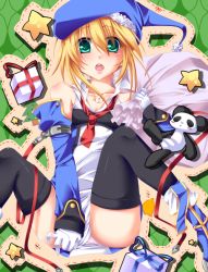 Rule 34 | 1girl, arc system works, bag, bare shoulders, berurus, black thighhighs, blazblue, blonde hair, christmas, covering crotch, covering privates, detached sleeves, female focus, gift, gloves, green eyes, hat, long hair, necktie, noel vermillion, open mouth, panda, panties, red ribbon, ribbon, sack, santa hat, sayo wini, shirt tug, solo, tattoo, thighhighs, underwear, uniform