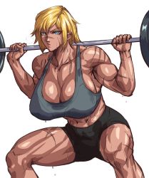 Rule 34 | 1509virgoart, 1girl, abs, barbell, biceps, blonde hair, blue eyes, breasts, breath, exercising, large breasts, muscular, muscular female, original, scar, scar on face, scar on nose, short hair, solo, sports bra, squatting, sweat, tank top, white background