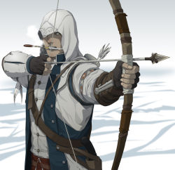 Rule 34 | 1boy, arrow (projectile), assassin&#039;s creed, assassin&#039;s creed (series), assassin&#039;s creed iii, belt, bow (weapon), connor (assassin&#039;s creed), connor kenway, drawing bow, gb (doubleleaf), gloves, gun, holding bow (weapon), holster, hood, knife, male focus, mouth hold, native american, snow, solo, vambraces, weapon