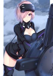 Rule 34 | 1girl, absurdres, armor, armored dress, black thighhighs, boots, breasts, cable, cleavage, cleavage cutout, clothing cutout, cloud, commentary request, cowboy shot, elbow gloves, fate/grand order, fate (series), faulds, from side, gloves, gorget, greaves, grey sky, hair ornament, hair over one eye, head-mounted display, highres, leaning forward, legs apart, leotard, looking at viewer, mash kyrielight, mash kyrielight (ortenaus), medium breasts, nanakaku, orthenaus, outdoors, pauldrons, pink hair, purple eyes, shield, short hair, shoulder armor, sky, solo, standing, thigh boots, thighhighs, thighs