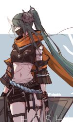 Rule 34 | 1girl, alternate costume, arknights, belt, black shirt, black shorts, clouble, crop top, from side, green hair, highres, horns, hoshiguma (arknights), long hair, mask, mask on head, midriff, navel, off shoulder, open clothes, ponytail, scar, scar on stomach, scarf, shirt, short shorts, shorts, single horn, skin-covered horns, solo, standing, stomach, thigh strap, very long hair