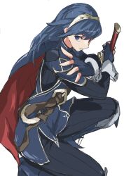 Rule 34 | 1girl, blue eyes, blue gloves, blue hair, cape, closed mouth, fingerless gloves, fire emblem, fire emblem awakening, gloves, highres, holding, holding sword, holding weapon, long hair, looking at viewer, lucina (fire emblem), nintendo, pekeponn, solo, squatting, sword, tiara, weapon, white background, wrist cuffs