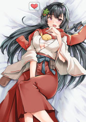 Rule 34 | 1girl, bayonet, between legs, bird, black hair, blush, breasts, chick, commentary request, girls&#039; frontline, gun, hair ornament, hakama, hakama skirt, hand between legs, heart, highres, japanese clothes, kimono, long sleeves, looking at viewer, lying, medium breasts, messy hair, miko, official alternate costume, on back, open clothes, open mouth, open shirt, pouch, red eyes, red hakama, red scarf, sarashi, scarf, sezok, skirt, solo, speech bubble, spoken heart, submachine gun, type 100 (girls&#039; frontline), type 100 (gunslinger miko) (girls&#039; frontline), type 100 smg, underboob, weapon, white kimono, wide sleeves