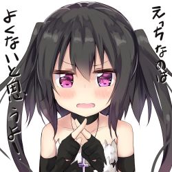 Rule 34 | 1girl, amano kouki, bare shoulders, black hair, blush, choker, collarbone, cross, cross necklace, crossed fingers, fingerless gloves, gloves, jewelry, long hair, looking at viewer, necklace, note-chan, open mouth, original, portrait, purple eyes, simple background, solo, translation request, twintails, wavy mouth, white background, x fingers