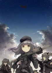 Rule 34 | 404 (girls&#039; frontline), 4girls, aircraft, ammunition, ammunition belt, ammunition pouch, armband, assault rifle, beret, black hat, black jacket, blue hair, blunt bangs, boeing, boeing defense, space &amp; security, brown eyes, brown hair, ch-47 chinook, closed eyes, closed mouth, cloud, cloudy sky, crossed bangs, facial mark, finger on trigger, fingerless gloves, g11 (girls&#039; frontline), girls&#039; frontline, gloves, green eyes, green hat, green jacket, grey hair, gun, h&amp;k hk416, h&amp;k ump, hair between eyes, hair ornament, hairclip, hat, heckler &amp; koch, helicopter, highres, hk416 (girls&#039; frontline), holding, holding gun, holding weapon, hood, hood down, hooded jacket, jacket, knife, looking at another, looking at viewer, magazine (weapon), messy hair, military, multiple girls, one side up, open clothes, open jacket, personification, pouch, rifle, scar, scar across eye, scar on face, scarf on head, sky, smile, star (sky), starry sky, submachine gun, suginakara (user ehfp8355, teardrop, ump45 (girls&#039; frontline), ump9 (girls&#039; frontline), weapon