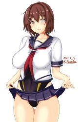 Rule 34 | 1girl, black one-piece swimsuit, blue sailor collar, brown hair, clothes lift, competition swimsuit, dated, furutaka (kancolle), furutaka kai ni (kancolle), glowing, glowing eye, heterochromia, highleg, highleg swimsuit, highres, impossible clothes, impossible swimsuit, kantai collection, montemasa, neckerchief, one-hour drawing challenge, one-piece swimsuit, purple neckerchief, sailor collar, sailor shirt, school uniform, serafuku, shirt, short hair, simple background, skirt, skirt lift, solo, swimsuit, swimsuit under clothes, thigh gap, twitter username, white background, yellow eyes