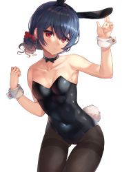 Rule 34 | 1girl, animal ears, armpits, bare shoulders, black leotard, blue hair, blush, bow, bowtie, breasts, brown pantyhose, collarbone, cowboy shot, fake animal ears, highres, idolmaster, idolmaster shiny colors, leotard, looking at viewer, morino rinze, pantyhose, playboy bunny, rabbit ears, rabbit tail, rangen, red eyes, short hair, small breasts, smile, strapless, strapless leotard, tail, wrist cuffs