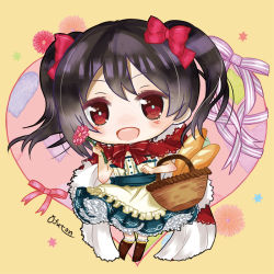 Rule 34 | 10s, 1girl, artist name, basket, black hair, bow, chibi, dress, flower, hair bow, holding, holding flower, looking at viewer, love live!, love live! school idol festival, love live! school idol project, ofuton (2525ofuton), red eyes, ribbon, solo, twintails, wide face, yazawa nico