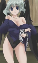 Rule 34 | 00s, 1girl, antenna hair, black wings, blue eyes, breasts, cleavage, highres, camyu, leotard, screencap, short hair, silver hair, smile, solo, stitched, thighs, third-party edit, undressing, utawarerumono, wings