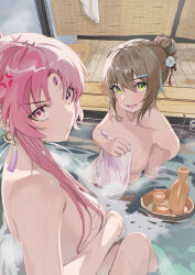 Rule 34 | 2girls, :d, absurdres, anger vein, auguste, breasts, collarbone, commentary request, covering privates, cup, forehead jewel, fu xuan (honkai: star rail), green eyes, grey hair, highres, honkai: star rail, honkai (series), large breasts, long hair, looking at viewer, multiple girls, nude, nude cover, open mouth, pink eyes, pink hair, qingque (honkai: star rail), same-sex bathing, shared bathing, smile, water