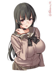 Rule 34 | 1girl, alternate costume, black hair, blush, breasts, brown skirt, buttons, choukai (kancolle), ebifurya, glasses, highres, kantai collection, large breasts, long hair, long sleeves, open mouth, pleated skirt, red eyes, rimless eyewear, school uniform, simple background, skirt, smile, solo, twitter username, upper body, white background