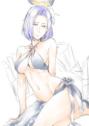 Rule 34 | 1girl, bare arms, bare shoulders, breasts, closed mouth, covered erect nipples, half-closed eyes, halo, highres, kantai collection, looking at viewer, medium hair, nakamura regura, navel, neck ribbon, purple hair, red ribbon, ribbon, sarong, simple background, slingshot swimsuit, smile, solo, swimsuit, tatsuta (kancolle), underboob, white background, yellow eyes