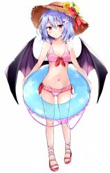 Rule 34 | 1girl, bare arms, bare shoulders, bat wings, bikini, blue hair, blush, bow, bow bikini, breasts, brown hat, cleavage, collarbone, commentary request, flower, food, frilled bikini, frills, fruit, full body, groin, hair between eyes, hair flower, hair ornament, hairclip, hat, hat flower, hat ribbon, highres, hyurasan, innertube, leaf, lemon, lemon slice, lifebuoy, looking at viewer, navel, parted lips, pink bikini, red bow, red eyes, red footwear, red ribbon, remilia scarlet, ribbon, sandals, short hair, simple background, small breasts, solo, standing, stomach, sun hat, swim ring, swimsuit, thighs, touhou, white background, white flower, wings, yellow flower