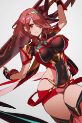 Rule 34 | 1girl, aegis sword (xenoblade), black gloves, breasts, chest jewel, earrings, fingerless gloves, gabu (az210309), gloves, jewelry, large breasts, pyra (xenoblade), red eyes, red hair, red shorts, red thighhighs, short hair, short shorts, shorts, solo, swept bangs, sword, thighhighs, tiara, weapon, xenoblade chronicles (series), xenoblade chronicles 2