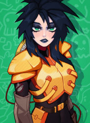Rule 34 | 1girl, armor, black eyeliner, black hair, extreme ghostbusters, eyeliner, ghostbusters, goth fashion, highres, kylie griffin, lips, lipstick, makeup, qtori