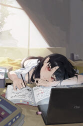 Rule 34 | 1girl, absurdres, airpods, bed, bedroom, black hair, black nails, black shorts, book, brown eyes, computer, dolphin shorts, facial mark, facial tattoo, highres, holding, holding pen, indoors, laptop, looking at viewer, lying, mac star, notebook, on bed, on stomach, original, pen, shirt, shorts, solo, star (symbol), star facial mark, star tattoo, tattoo, white shirt, wireless earphones, writing