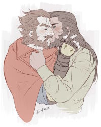 Rule 34 | 2boys, absurdres, bara, beard, blush, brown hair, burythekidd, clothes grab, coat, couple, cropped torso, dark-skinned male, dark skin, facial hair, forked eyebrows, graves (league of legends), highres, holding, holding own hair, kiss, league of legends, long hair, male focus, mature male, multiple boys, mustache, muted color, red coat, short hair, thick eyebrows, twisted fate, yaoi