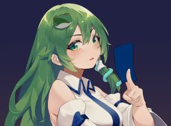 Rule 34 | 1girl, between fingers, blue background, blush, breasts, collared shirt, commentary request, dark background, detached sleeves, frog hair ornament, green eyes, green hair, hair between eyes, hair ornament, holding, kochiya sanae, large breasts, long hair, long sleeves, looking at viewer, nontraditional miko, ofuda, ofuda between fingers, repoi, shirt, sidelocks, simple background, snake hair ornament, solo, touhou, upper body, wide sleeves, wing collar