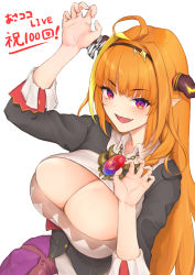 Rule 34 | 1girl, absurdres, ahoge, black bow, black hairband, black jacket, blonde hair, blouse, blunt bangs, blush, bow, bowtie, braid, breasts, bright pupils, brooch, celebration, chain, chain necklace, claw pose, cleavage, cleavage cutout, clothing cutout, collared shirt, commentary request, diagonal-striped bow, dragon girl, dragon horns, dragon tail, fang, gradient eyes, hair ornament, hairband, highres, hololive, horns, jacket, jewelry, kiryu coco, kiryu coco (1st costume), large breasts, long hair, looking at viewer, multicolored bow, multicolored eyes, multicolored hair, necklace, open mouth, orange hair, pointy ears, purple eyes, red eyes, scales, shirt, side braid, simple background, single braid, skin fang, smile, solo, streaked hair, striped, tail, takuo, upper body, virtual youtuber, white bow, white shirt