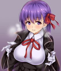 Rule 34 | 10s, 1girl, bb (fate), bb (fate), bb (fate/extra), bow, breasts, cape, commentary request, fate/extra, fate/extra ccc, fate (series), gloves, hair bow, hair ribbon, highres, kuragari, large breasts, long hair, looking at viewer, open clothes, purple eyes, purple hair, ribbon, smile, solo, steam, sweat, upper body, white gloves
