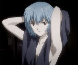 Rule 34 | 1girl, animated, animated gif, ayanami rei, blue hair, breasts, brown eyes, cleavage, evangelion: 1.0 you are (not) alone, expressionless, looking at viewer, lowres, naked towel, neon genesis evangelion, rebuild of evangelion, red eyes, short hair, solo, towel