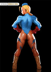 Rule 34 | 1girl, ahoge, ass, black background, blue headwear, blue leotard, boots, braid, braided ponytail, brown footwear, cammy white, cessa, commentary, english commentary, flat ass, from behind, gloves, hands on own hips, leotard, profile, red gloves, simple background, solo, street fighter, street fighter zero (series), thong leotard, watermark, web address
