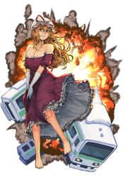 Rule 34 | 1girl, absurdres, barefoot, blonde hair, breasts, chanta (ayatakaoisii), cleavage, detached sleeves, dress, explosion, full body, hair between eyes, hat, hat ribbon, highres, long dress, long hair, looking at viewer, mob cap, parted lips, puffy detached sleeves, puffy short sleeves, puffy sleeves, purple dress, red eyes, red ribbon, ribbon, short sleeves, smile, solo, strapless, strapless dress, touhou, train, white hat, yakumo yukari