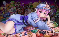 Rule 34 | 1girl, blue hat, blue kimono, breasts, candy, chocolate, cigarette, closed mouth, commentary, doritos, doughnut, dr pepper, english commentary, food, hat, highres, japanese clothes, kimono, kitkat, large breasts, looking at viewer, meatball, medium hair, mob cap, oreo, pink eyes, pink hair, pringles, saigyouji yuyuko, schweppes, short hair, skeleton, skippy (brand), smile, solo, statisticstater, touhou, triangular headpiece