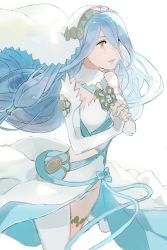 Rule 34 | 1girl, aisutabetao, azura (fire emblem), bare shoulders, blue hair, blue ribbon, detached collar, detached sleeves, dress, elbow gloves, fingerless gloves, fire emblem, fire emblem fates, floating hair, gloves, hair between eyes, hair tubes, highres, jewelry, long hair, looking away, nintendo, open mouth, own hands together, panties, parted lips, pendant, ribbon, simple background, single leg pantyhose, sleeveless, sleeveless dress, solo, strapless, strapless dress, tearing up, tears, underwear, veil, very long hair, white background, white dress, white gloves, white legwear, white panties, white sleeves, white veil, yellow eyes