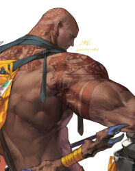 Rule 34 | 1boy, artist name, back, bad id, bad twitter id, bald, bara, cape, close-up, collar, cropped, dark-skinned male, dark skin, dontstopgoldg, empty eyes, bear trap, green eyes, head tattoo, highres, long skirt, looking down, male focus, manly, mature male, muscular, muscular male, original, shoulder tattoo, skirt, solo, sword, tattoo, thick arms, veins, veiny arms, weapon, weapon on back