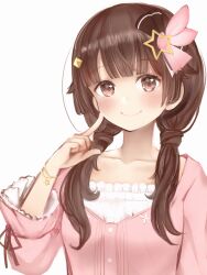 Rule 34 | 1girl, absurdres, blunt ends, bracelet, brown eyes, brown hair, collarbone, hair ornament, hair over shoulder, hairclip, highres, hololive, jewelry, light blush, long sleeves, looking at viewer, low twintails, nanashi (nlo), pink shirt, pointing, pointing at self, shirt, simple background, smile, solo, star (symbol), star hair ornament, tokino sora, tokino sora (hololive summer 2019), tokino sora (casual), twintails, upper body, virtual youtuber, white background