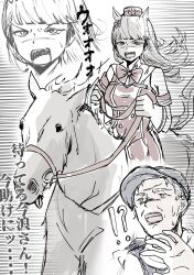 Rule 34 | absurdres, animal ears, armband, baseball cap, blunt bangs, bow, bowtie, brown headwear, commentary, creature and personification, dress, ear bow, gloves, gold ship (racehorse), gold ship (umamusume), hat, highres, holding, holding reins, horse, horse ears, horse girl, horseback riding, imanami takatoshi, kintamaani sanagi, long hair, muted color, pillbox hat, purple bow, real life, red bow, red bowtie, red dress, reins, riding, short hair, sketch, sleeveless, sleeveless dress, speed lines, sweatdrop, tongue, tongue out, translated, umamusume, v-shaped eyebrows