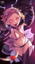 1girl absurdres akanbe bikini blonde_hair breasts capella_emerada_lugnica claws dark_background dilated_pupils dragon_tail evil_smile eyelid_pull fangs fingernails glowing glowing_eyes hair_ornament highres long_tongue middle_finger navel one_eye_narrowed pink_eyes pink_liquid raised_eyebrow re:zero_kara_hajimeru_isekai_seikatsu sharp_fingernails signature small_breasts smile solo swimsuit tail tongue tongue_out transformation vtoku