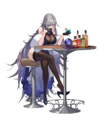 Rule 34 | 1girl, absurdres, armlet, bar stool, bare shoulders, black footwear, black gloves, black thighhighs, blue dress, bottle, breasts, cocktail, cocktail glass, counter:side, crossed legs, crystal ball, cup, dress, drinking glass, earrings, elbows on table, feather boa, fishnet gloves, fishnets, food, fruit, gloves, gremory (counter:side), grey hair, hair over one eye, half gloves, handkerchief, high heels, highres, hoop earrings, jewelry, lace, lace-trimmed legwear, lace trim, large breasts, layered dress, lemon, lemon slice, long dress, long hair, looking at viewer, official alternate costume, official art, red eyes, round table, see-through, see-through dress, shoe dangle, sitting, sleeveless, sleeveless dress, smile, stool, table, tachi-e, thighhighs, transparent background, very long hair, wine bottle