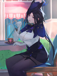 Rule 34 | 1girl, absurdres, black hair, black pantyhose, black skirt, blue capelet, capelet, chair, clorinde (genshin impact), commentary request, corset, cup, feet out of frame, genshin impact, gloves, hat, highres, koh (kohk 6), long sleeves, looking at viewer, miniskirt, mug, open mouth, pantyhose, pencil skirt, purple eyes, shirt, sitting, skirt, solo, table, thigh strap, thighs, tricorne, white gloves, white shirt