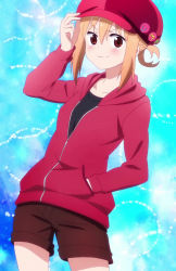 Rule 34 | 10s, 1girl, alternate hairstyle, blonde hair, blush, brown eyes, closed mouth, doma umaru, dot nose, female focus, gradient background, hat, highres, himouto! umaru-chan, jacket, long hair, screencap, shorts, smile, solo, standing, stitched, third-party edit