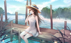 Rule 34 | 1girl, absurdres, arm up, armpit crease, bare arms, bare shoulders, blue ribbon, blue sky, blurry, breasts, brown eyes, brown hair, cloud, collarbone, day, depth of field, dress, feet out of frame, food, glint, grass, hat, hat ribbon, highres, lake, light particles, long hair, looking at viewer, mountainous horizon, open mouth, original, outdoors, pier, popsicle, post, ribbon, shore, sitting, sky, sleeveless, sleeveless dress, small breasts, smi (sunmi ji 50), solo, spaghetti strap, straw hat, summer, sundress, swept bangs, tree, very long hair, water, water drop, white dress