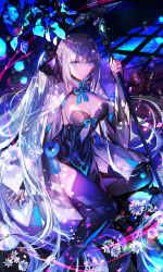 Rule 34 | 1girl, absurdres, black bow, black dress, black footwear, blue eyes, boots, bow, braid, breasts, center opening, cleavage, dress, fate/grand order, fate (series), flower, french braid, grey hair, hair bow, highres, large breasts, long hair, long sleeves, looking at viewer, morgan le fay (fate), pelvic curtain, polearm, ponytail, rioka (southern blue sky), sidelocks, sitting, solo, spear, thigh boots, thighhighs, thighs, two-tone dress, very long hair, weapon, white dress, wide sleeves