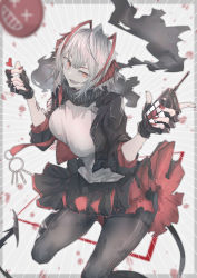 Rule 34 | 1girl, absurdres, ahoge, arknights, black gloves, black jacket, black pantyhose, black skirt, breasts, commentary request, demon horns, detonator, feet out of frame, fingerless gloves, gloves, grey hair, grey shirt, heart, highres, horns, jacket, looking at viewer, miniskirt, nail polish, open clothes, open jacket, pantyhose, pleated skirt, re teledio, red eyes, red nails, scarf, shirt, short hair, skirt, smile, solo, tail, w (arknights)