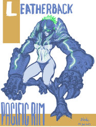 Rule 34 | 1girl, bikini, bikini bottom only, bioluminescence, blade of fury, breasts, character name, claws, dated, glowing, glowing blood, glowing eyes, glowing veins, green eyes, leatherback, legendary pictures, monster girl, navel, neon trim, oversized forearms, oversized limbs, pacific rim, personification, solo, swimsuit, talons, underboob, veins