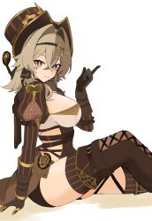 Rule 34 | 1girl, awe (adorableduckyy), black gloves, black shorts, boots, breasts, brown footwear, brown hair, brown headwear, closed mouth, commentary, feet out of frame, from side, gloves, grey eyes, hair between eyes, hair intakes, hand up, highres, honkai (series), honkai impact 3rd, index finger raised, juliet sleeves, large breasts, long hair, long sleeves, looking at viewer, looking to the side, puffy sleeves, shadow, short shorts, shorts, simple background, sitting, smile, solo, symbol-only commentary, thigh boots, vill-v, white background