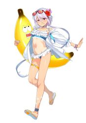 Rule 34 | 1girl, banana, bikini, blue bikini, blue hair, bracelet, breasts, choker, commentary request, escalation heroines, expressionless, eyewear on head, flower, food, frilled bikini, frills, fruit, full body, gin (ginshari), hair flower, hair ornament, ikusabe inori, inflatable toy, jacket, jewelry, light blue hair, long hair, looking at viewer, low ponytail, navel, official art, one-piece tan, open clothes, open jacket, parted lips, red eyes, sandals, simple background, small breasts, solo, sunglasses, swimsuit, tan, tanline, thigh strap, very long hair, white background, white jacket