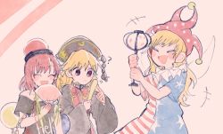 Rule 34 | 3girls, bare shoulders, black choker, black headwear, black neckwear, blonde hair, blue shirt, blue sleeves, blush, bow, chain, chinese clothes, choker, closed eyes, closed mouth, clothes writing, clownpiece, crescent, dress, earth (ornament), fairy wings, gold chain, grey dress, grey headwear, grey shirt, grey sleeves, hair between eyes, hand fan, hand up, hands up, hat, hecatia lapislazuli, holding, holding fan, itomugi-kun, jester cap, junko (touhou), long hair, long sleeves, medium hair, moon (ornament), multicolored clothes, multicolored shirt, multiple girls, off shoulder, open mouth, pink background, pink headwear, pom pom (clothes), red eyes, red hair, red headwear, red shirt, red sleeves, red vest, shirt, short sleeves, simple background, smile, star (symbol), star print, striped clothes, striped shirt, t-shirt, touhou, vest, white shirt, white sleeves, wide sleeves, wings, yellow bow, yellow neckwear