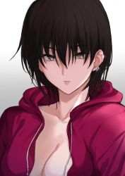 1girl ameno_shigure black_hair breasts cleavage earrings expressionless hair_over_eyes hood hoodie jacket jewelry open_clothes open_jacket original piercing short_hair simple_background solo